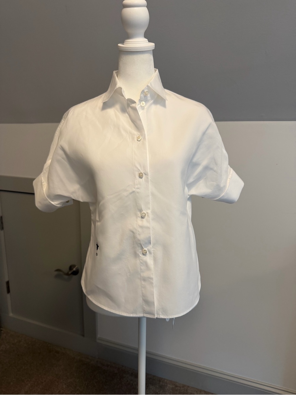 Christian Dior White Cotton Bee CD Logo Short Sleeve Blouse Shirt FR 34 US 2⁠